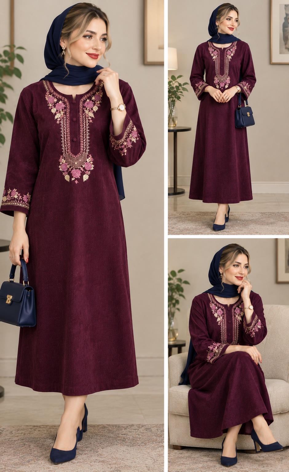 مانتو پاییزه مخمل کبریتی تمام گلدوزی 7686 زرشکی